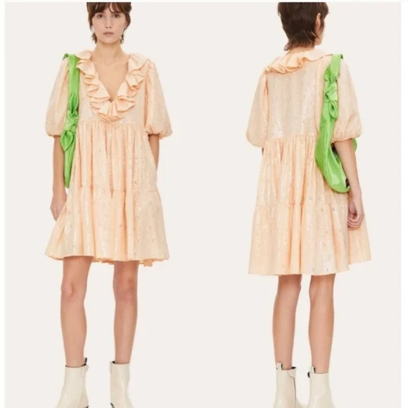 NWT Stine Goya Imperio Peach Sequin Ruffle Puff Sleeve Mini Dress XS - Picture 7 of 8